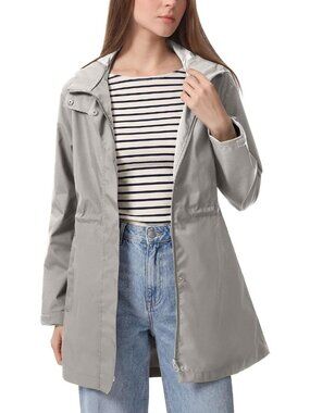 Women's Light Khaki Rain Jacket Waterproof Hooded Long Raincoat Zipper Pockets